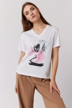 Biały bawełniany t-shirt z nadrukiem dekolt w szpic