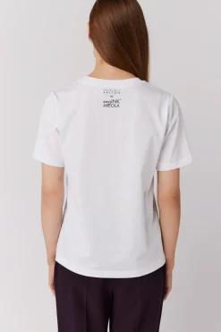 Biały bawełniany t-shirt z nadrukiem dekolt w szpic