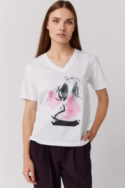 Biały bawełniany t-shirt z nadrukiem dekolt w szpic
